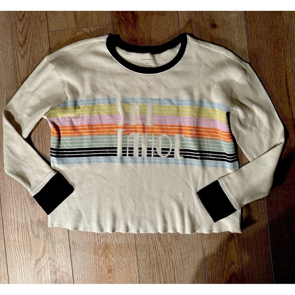 Anthropologie Waffle Knit Rainbow Stripe Long Sleeve Top relaxed fit Small